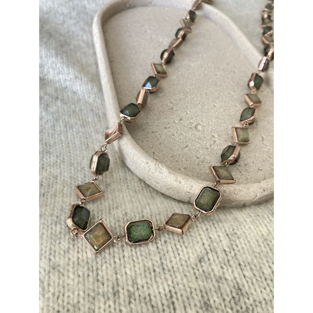 Green Aurora Glass Station Necklace Rose Gold Tone Geometric Link Long Bezel Set